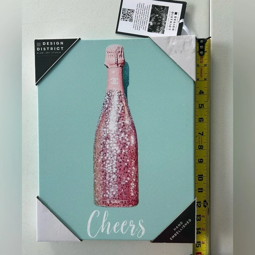 NEW!District Cheers Canvas Art - Chanel Pink & Green Wine Bottle-Wood Doughnut